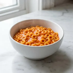 A white ceramic bowl filled with small, o-shaped pasta rings generously coated in a smooth, creamy, vibrant orange-red tomato sauce. The glossy sauce clings to the pasta, with a delicate wisp of steam rising. Close-up, soft lighting, food photography.