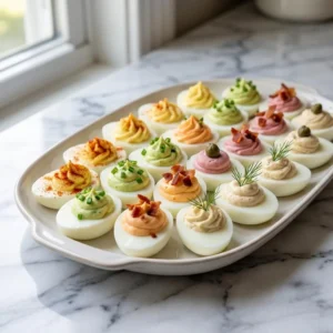 An elegant platter displays an assortment of gourmet deviled eggs. The creamy, piped yolk fillings show a variety of pale colors, each meticulously finished with a different garnish: bright paprika, fresh chives, crumbled bacon, a single caper, and a sprig of dill. Food photography.