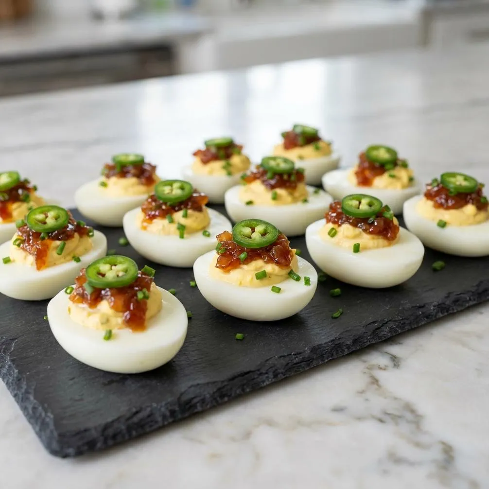 12 Deviled Eggs with Jalapeño Bacon Jam