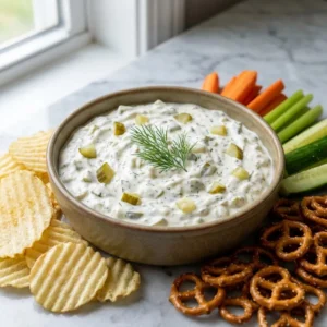 A thick, creamy white dip with a chunky texture from diced dill pickles and fresh dill, served in a rustic bowl. Garnished with a fresh dill sprig. Artfully arranged potato chips, pretzels, and fresh vegetable sticks for dipping are placed nearby.