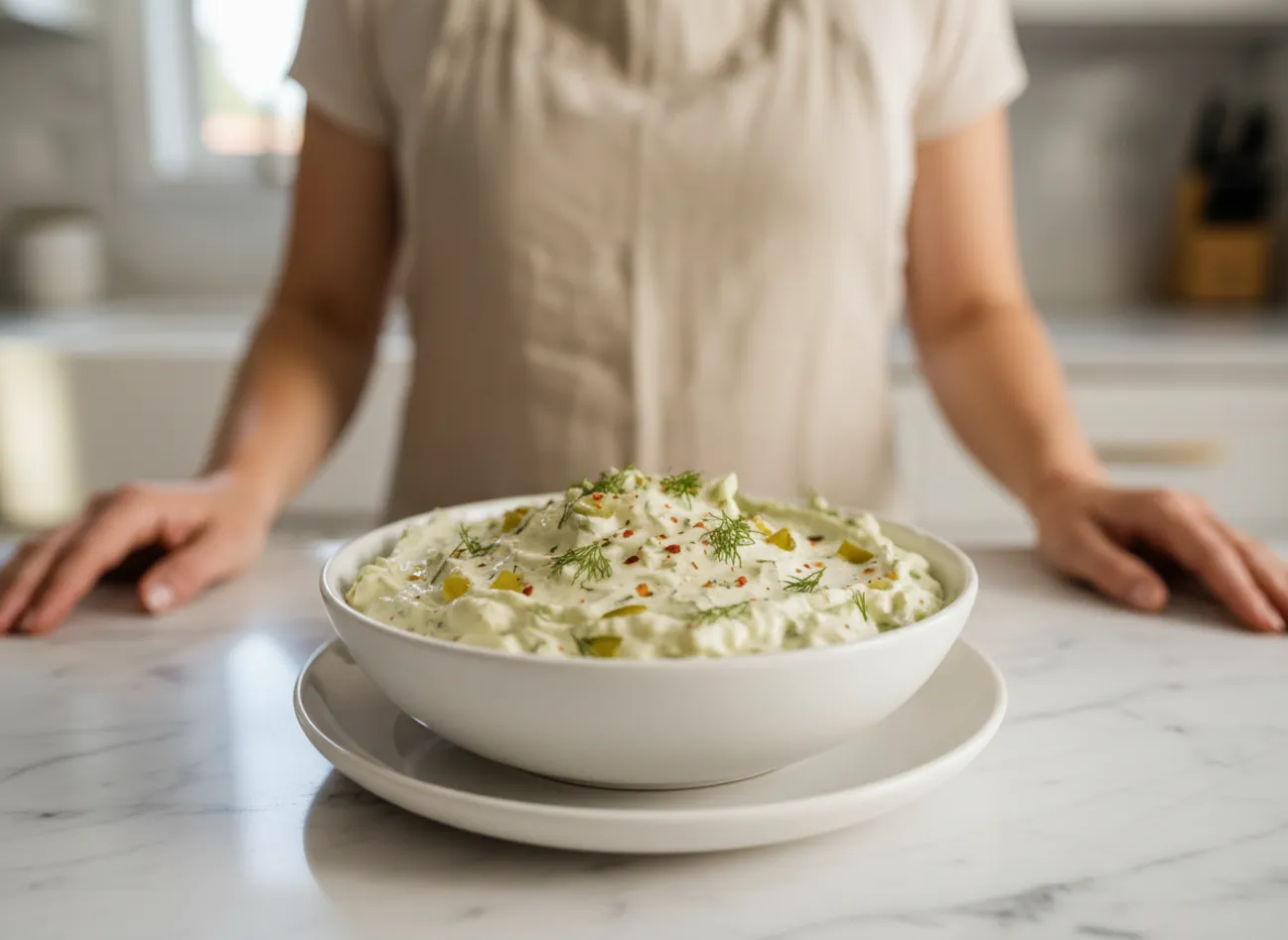 A bowl of creamy dill pickle dip surrounded by chips and fresh vegetables.