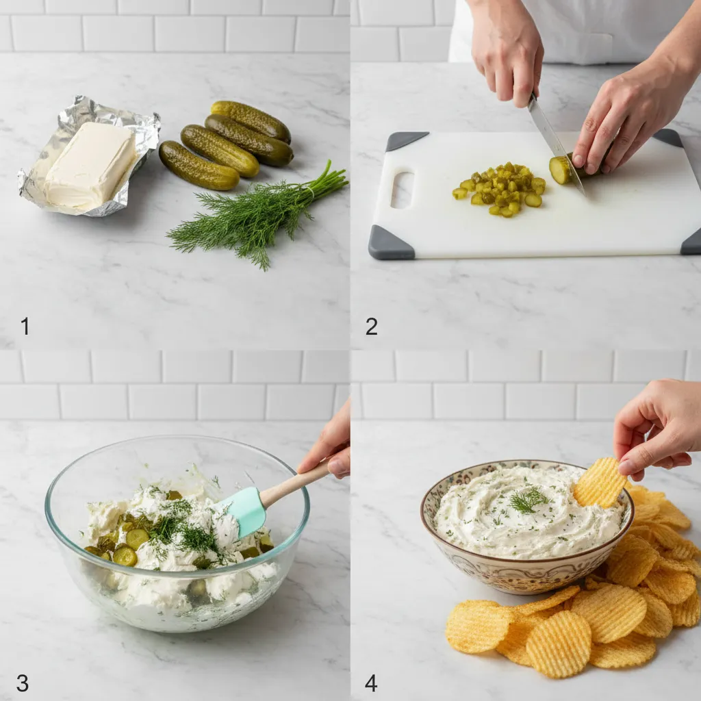 A four-panel grid showing the steps to make dill pickle dip.