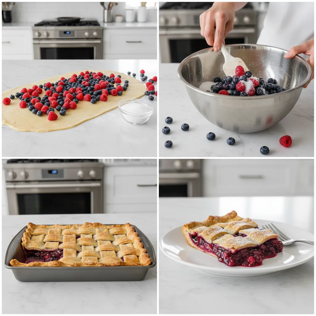 A step-by-step grid showing how to assemble the double berry slab pie crust and filling.