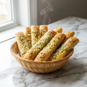 A basket of warm, golden-brown garlic breadsticks, glistening with melted butter. The crust is generously sprinkled with fresh green parsley, minced garlic, and a dusting of Parmesan cheese. A wisp of steam rises gently from the pile.