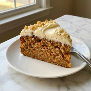A thick slice of moist carrot cake on a plate, revealing a tender crumb with flecks of orange carrot. A generous, rustic swirl of thick cream cheese frosting covers the top, sprinkled with finely chopped walnuts. Warm, soft lighting highlights the textures.