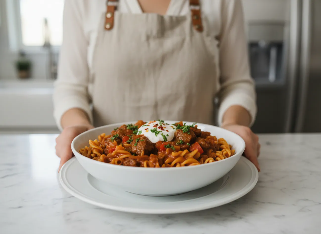 A family enjoying bowls of one pot goulash at a dinner table.