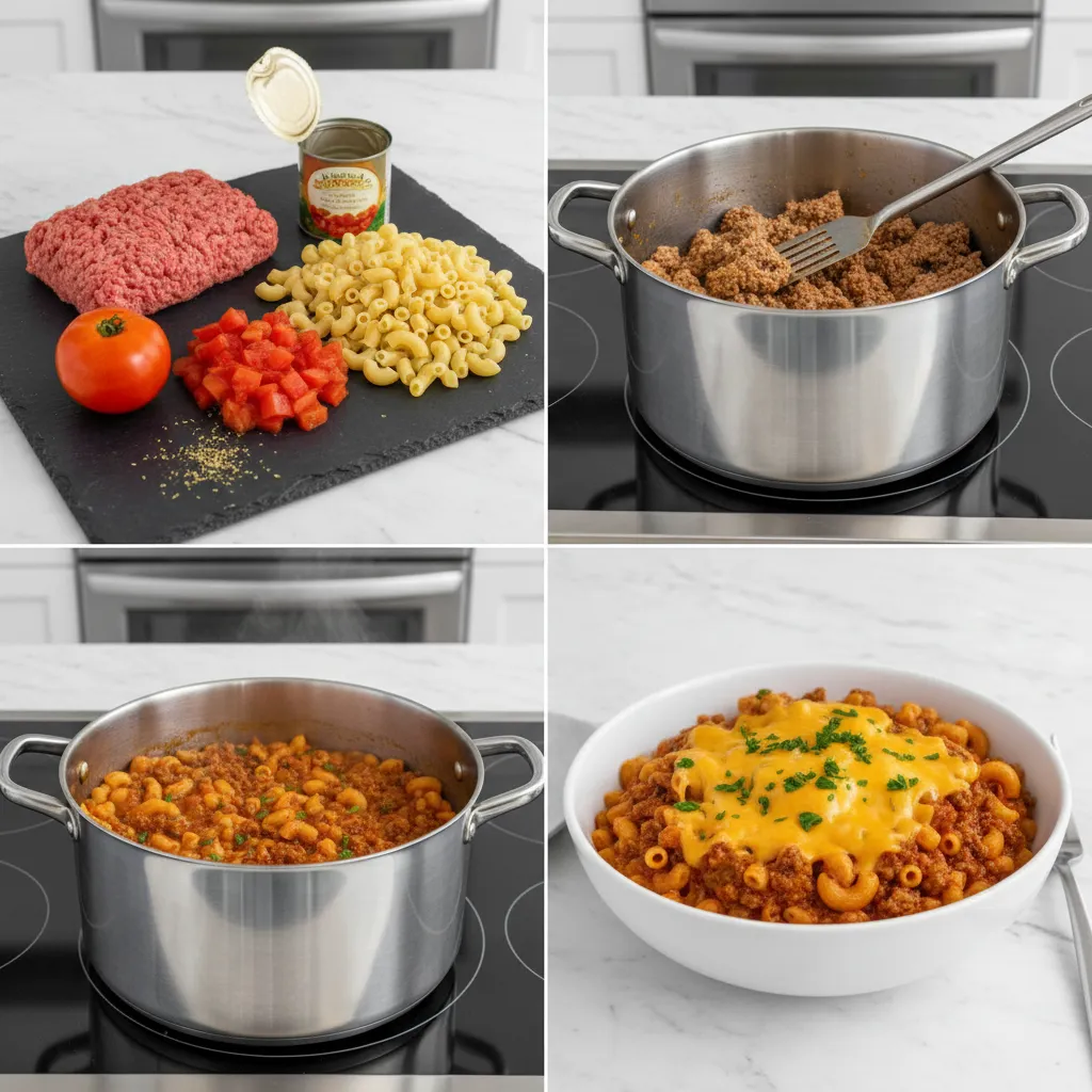 A grid of four images showing the steps to make one pot goulash.