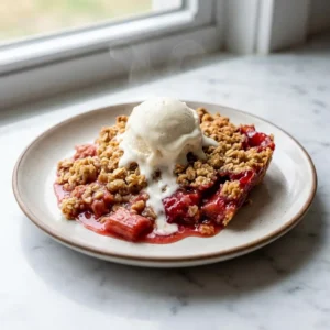 A rustic scoop of warm rhubarb crisp on a plate. The golden-brown, oaty crumble topping covers a bubbly, jammy, ruby-red rhubarb filling peeking through the cracks. A dollop of creamy vanilla ice cream melts slowly on top, with a delicate wisp of steam rising.
