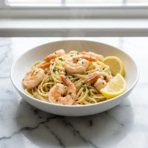 A shallow bowl of glistening linguine tossed with plump, pink shrimp. The pasta is coated in a light garlic butter sauce, flecked with fresh green parsley. A bright yellow lemon wedge rests on the side, a wisp of steam rising. Food photography, warm lighting.
