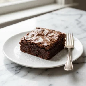 A thick, fudgy chocolate brownie square with a glossy, paper-thin crinkled top. Its clean-cut sides reveal a dense, moist interior. The brownie sits on a simple plate with a delicate dusting of powdered sugar.