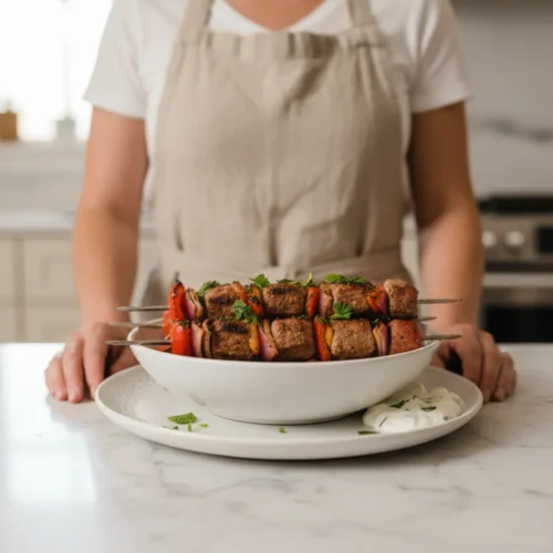 Juicy cubes of grilled lamb and vibrant bell peppers on skewers. The meat has a deep brown, charred exterior with prominent grill marks. A sprinkle of fresh parsley adds a pop of green, with a faint wisp of steam rising from the hot kebabs.