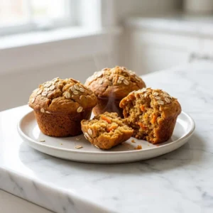 A close-up of several golden-brown carrot muffins with rustic, domed tops sprinkled with rolled oats. One muffin is split, revealing a moist, tender crumb flecked with bright orange carrot. A delicate wisp of steam rises, plated on a simple ceramic dish against a bright, airy background.