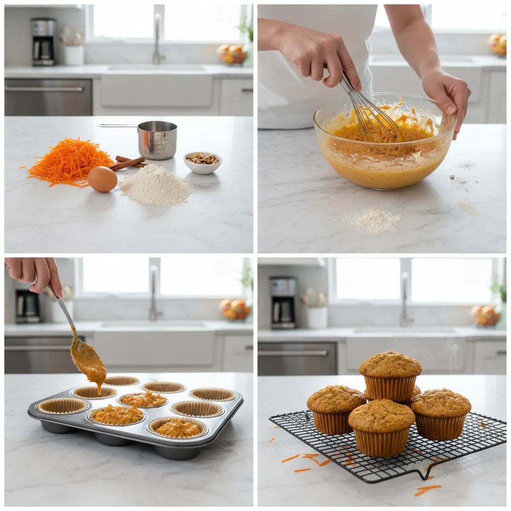 A grid of four images showing the steps to make carrot muffins.