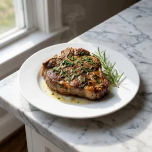 A single, thick-cut lamb shoulder chop, seared to a deep golden-brown, glistening with juices. A vibrant, textured green herb crust coats the top surface. A delicate wisp of steam rises from the chop, which is garnished with a fresh sprig of rosemary on a simple plate.