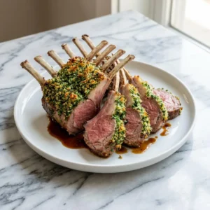 A perfectly roasted rack of lamb, sliced to reveal a glistening, rosy-pink medium-rare interior. A crisp, vibrant green herb crust blankets the top, toasted golden-brown. Elegant frenched bones are artfully arranged on a minimalist plate with a drizzle of dark jus.