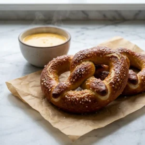 Warm, puffy Amish soft pretzels with a deep golden-brown crust, glistening with melted butter. The twisted shapes are sprinkled generously with coarse salt crystals, resting on rustic parchment paper next to a small bowl of warm, creamy cheese sauce. A faint wisp of steam rises.