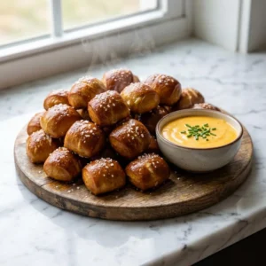 A heaping pile of warm, puffy pretzel bites with a deep golden-brown, glistening crust, generously sprinkled with coarse white sea salt. Served on a rustic board with a side bowl of thick, creamy, molten cheddar cheese sauce, garnished with finely chopped chives. Gentle steam rises from the dish.