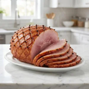 A magnificent whole baked ham with a glistening, deep amber glaze. The surface is scored in a classic diamond pattern, studded with whole cloves. Several thick, juicy slices are fanned out on a platter, revealing a tender pink interior as a delicate wisp of steam rises.