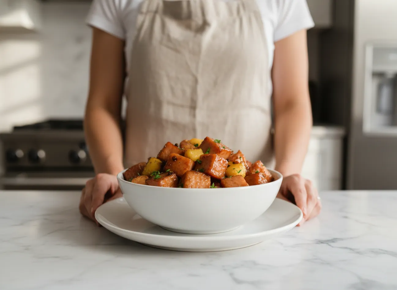 A beautiful baked ham being glazed on a wooden cutting board.