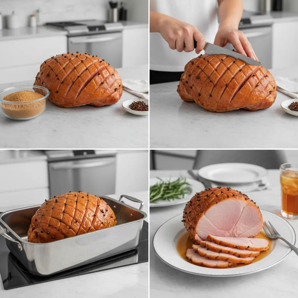 A grid of four images showing the steps to bake a ham, from glazing to carving.