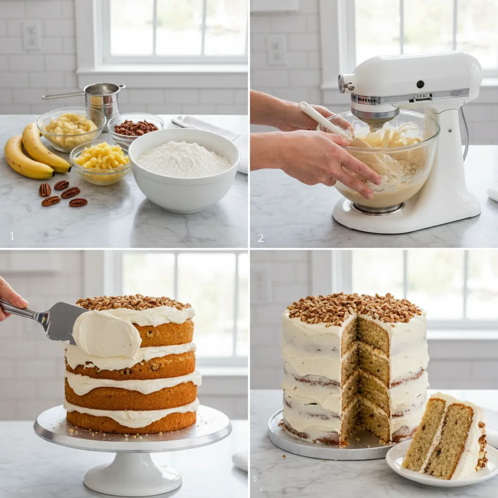 A grid of four images showing the steps of making Hummingbird Cake.