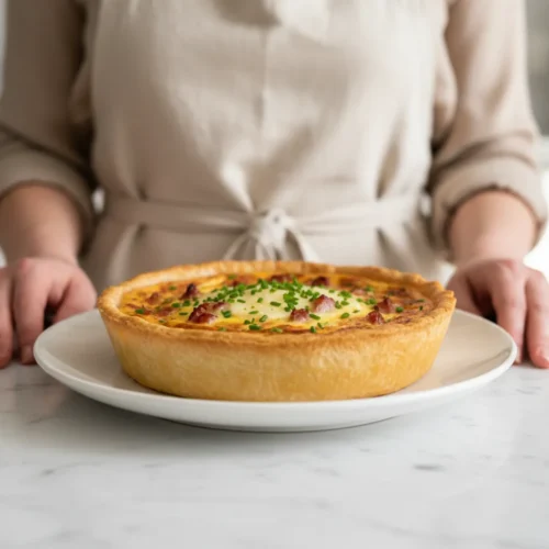 A thick slice of Quiche Lorraine with a flaky, golden-brown crust. The creamy egg custard filling is studded with savory bacon and melted cheese. The top is beautifully browned and garnished with finely chopped fresh chives, a delicate wisp of steam rising from the warm slice.
