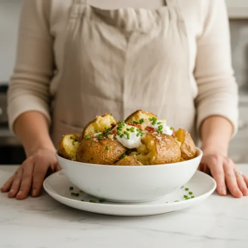 A perfectly fluffy baked potato, split open with wisps of steam rising from the white interior. Topped with a melting pat of yellow butter, a dollop of creamy sour cream, gooey cheddar cheese, crispy bacon bits, and a sprinkle of fresh green chives.