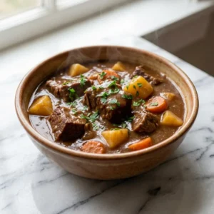 A rustic, deep bowl filled with hearty beef stew. Tender chunks of seared beef, soft potatoes, and bright orange carrots are coated in a thick, glossy, dark brown gravy. Garnished with vibrant green parsley, with a delicate wisp of steam rising.