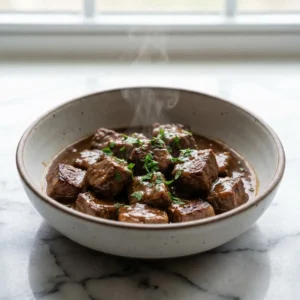 A rustic bowl of tender, seared beef tips generously coated in a thick, glossy, dark brown gravy. A delicate wisp of steam rises from the dish, which is garnished with a sprinkle of finely chopped fresh parsley, adding a pop of vibrant green.