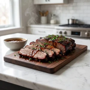 Thick slices of juicy, tender beef brisket with a dark, caramelized bark and a glossy BBQ glaze, fanned out on a rustic wooden platter. Wisps of steam rise from the glistening meat, garnished with fresh chopped parsley for a pop of vibrant green.