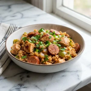 A hearty bowl of rustic chicken and sausage jambalaya. The fluffy, reddish-orange rice is studded with seared Andouille sausage coins, tender chicken chunks, and flecks of green pepper. The dish is generously garnished with freshly chopped parsley and sliced green onions, with a wisp of steam rising.