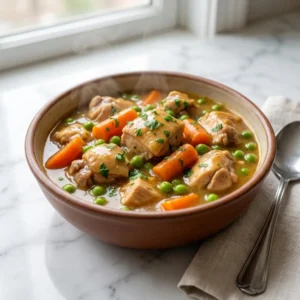 A rustic bowl of homestyle chicken and vegetables. Juicy, tender chunks of chicken, vibrant orange carrots, and bright green peas are coated in a rich, glistening golden-brown gravy. The dish is garnished with fresh parsley, with delicate steam rising from the bowl.