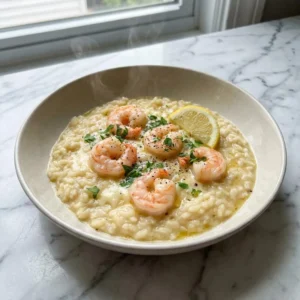 A shallow bowl of creamy, pale-yellow risotto with a luscious, thick texture. Plump, glistening pink shrimp are nestled on top, garnished with finely chopped green parsley, fresh black pepper, and a bright yellow lemon wedge. A delicate wisp of steam rises from the dish.