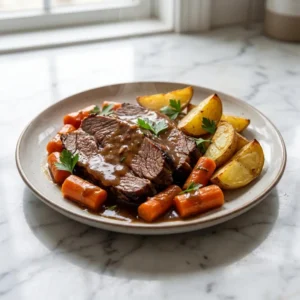 Thickly sliced, fork-tender pot roast glistening with a rich, dark brown gravy. Served alongside rustic chunks of glazed carrots and golden potatoes. The hearty dish is garnished with fresh, vibrant parsley, with a delicate wisp of steam rising from the plate.