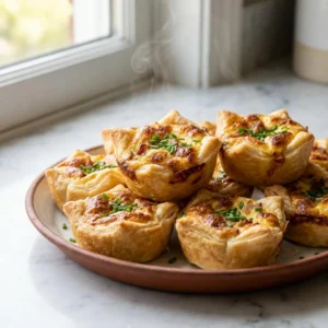 Several warm mini quiches with golden-brown, flaky pastry crusts. The puffed egg filling is beautifully browned on top and speckled with savory bacon and fresh green chives. A delicate wisp of steam rises from the rustic serving platter.