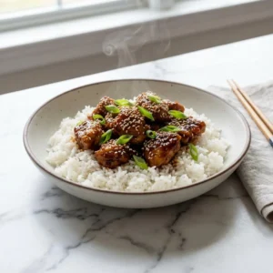 A shallow bowl of fluffy white rice topped with glossy, dark brown sesame chicken pieces coated in a thick soy-honey glaze. The dish is generously sprinkled with toasted sesame seeds and vibrant, thinly sliced green onions. A delicate wisp of steam rises from the hot food.