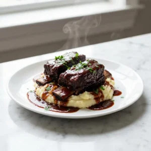 Fall-off-the-bone beef short ribs rest on a bed of creamy mashed potatoes. A thick, glossy, dark red-brown reduction sauce generously coats the tender meat. The dish is finished with a vibrant sprinkle of fresh green parsley, with a delicate wisp of steam rising.