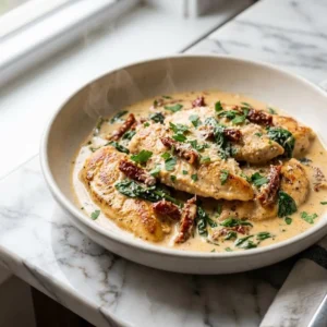 Golden-seared chicken slices are drenched in a rich, creamy sauce, visibly studded with vibrant red sun-dried tomatoes and wilted dark green spinach. The dish is garnished with fresh parsley and a light dusting of grated Parmesan, presented in a shallow bowl with a hint of steam.