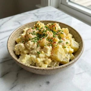 A generous scoop of creamy potato salad sits in a rustic bowl. Tender potato chunks and pieces of egg are visible through the thick dressing, garnished with finely chopped fresh green chives and a dusting of vibrant red paprika.
