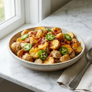 A rustic bowl of roasted golden-brown potato salad, coated in a thick, creamy sauce. The dish is generously topped with melted orange cheddar cheese, crispy crumbled bacon, and vibrant green slices of fresh jalapeño.