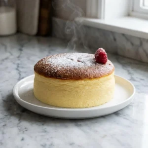 A tall, impossibly fluffy Japanese souffle cheesecake with a perfectly caramelized golden-brown top and delicate, airy, pale-yellow sides. The cake sits on a minimalist plate, finished with a light dusting of powdered sugar and a single fresh raspberry for contrast. A wisp of steam rises.