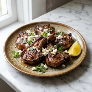 Several glistening, air-fried Greek lamb chops with crispy, charred edges rest on a rustic plate. The juicy meat is garnished with fresh oregano, crumbled feta, and a bright lemon wedge on the side. A faint wisp of steam rises from the chops.