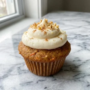 A golden-brown carrot cupcake speckled with orange carrot flecks. A thick, elegant swirl of creamy white cream cheese frosting sits on top, garnished with a light dusting of cinnamon and finely chopped walnuts. The cupcake rests in a simple brown paper liner.