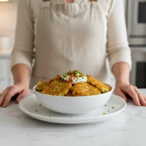 Crispy, golden-brown cauliflower hash brown patties with a visible shredded texture and deeply browned, lacy edges. A tender, creamy white interior peeks through. The patties are garnished with finely chopped fresh chives, a gentle wisp of steam rising from their surface.