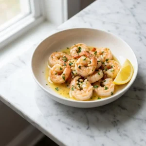 A shallow white bowl holds plump, pinkish-orange shrimp glistening in a pool of golden garlic butter sauce. The dish is generously sprinkled with specks of bright green fresh parsley and visible minced garlic. A bright yellow lemon wedge rests on the rim of the bowl.