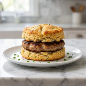 A warm, golden-brown keto biscuit is split open, revealing a thick, seared sausage patty. The fluffy, rustic biscuit has a crumbly texture. Glistening with a slight char, the sandwich sits on a simple plate as a delicate wisp of steam rises, garnished with fresh chives.