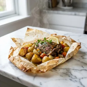 A rustic parcel of browned parchment paper is torn open, wisps of steam rising. Inside, tender, fall-off-the-bone Greek lamb rests with golden-brown potatoes and soft vegetables, glistening with juices and garnished with fresh oregano and a lemon wedge. Close-up food photography.
