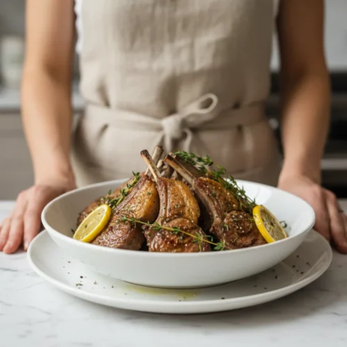 Thick, seared lamb loin chops with a deep golden-brown crust, glistening with rendered juices. The chops are garnished with fresh green thyme sprigs and sit next to a bright yellow lemon wedge. A delicate wisp of steam rises from the meat.
