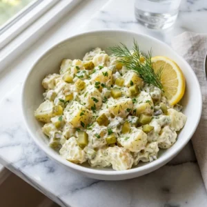 A creamy, chunky potato salad, generously speckled with chopped green dill pickles and fresh herbs. The salad is plated in a simple white bowl, garnished with a fresh dill sprig and a vibrant lemon wedge on the side.
