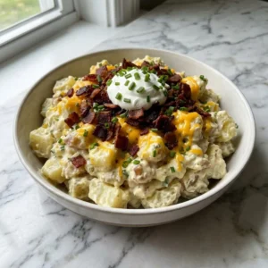 A hearty bowl of creamy, chunky potato salad, generously topped with crispy crumbled bacon, a dollop of thick sour cream, melted shredded cheddar cheese, and finely chopped green chives.